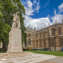 George V monument and Westminster Abbey, London, England, Great Britain
