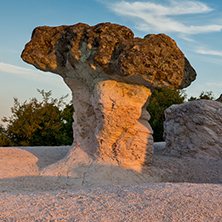 Sunrise view of rock formation The Stone Mushrooms near Beli plast village, Kardzhali Region, Bulgaria