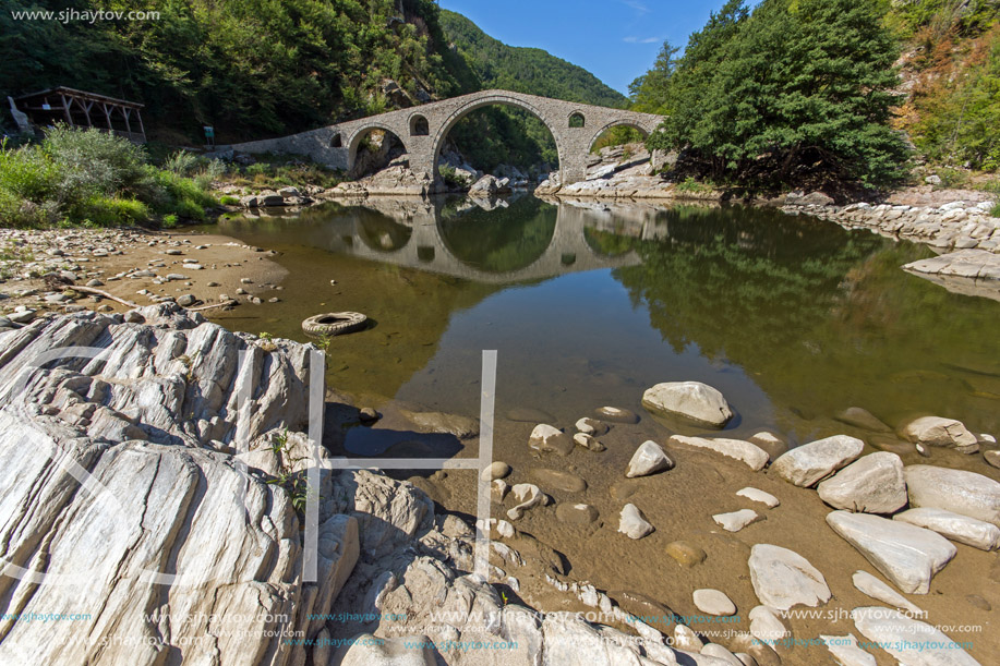 Panoramic view of Devil"s Bridge and Rhodopes mountain in Arda river, Kardzhali Region, Bulgaria