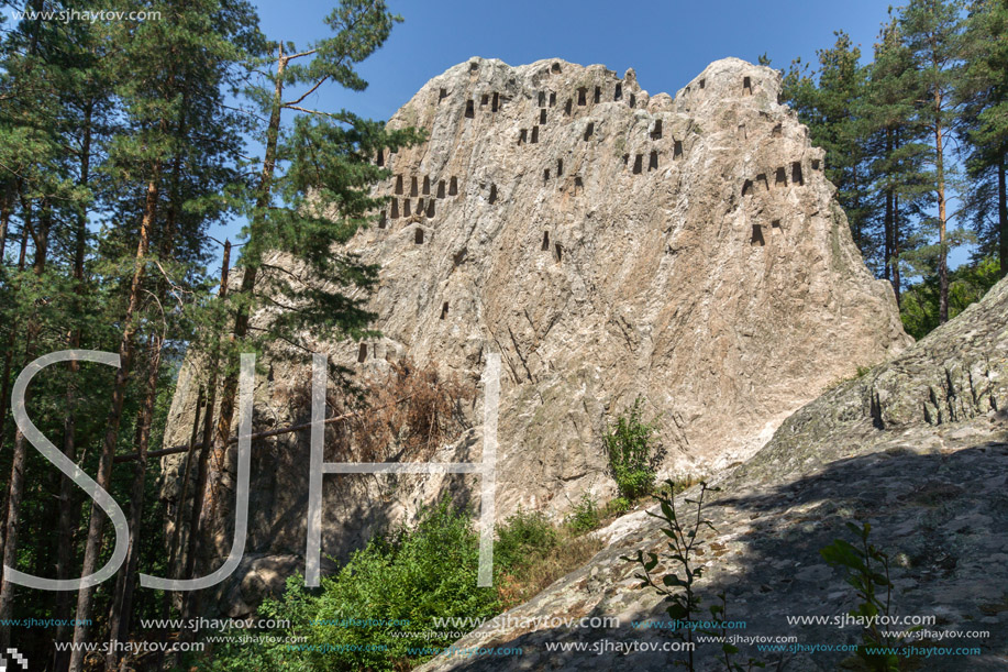 Panoramic view of Thracian Sanctuary Eagle Rocks near town of Ardino, Kardzhali Region, Bulgaria