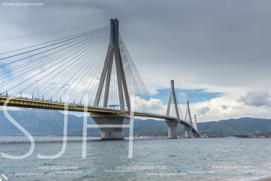 Panorama of The cable bridge between Rio and Antirrio, Patra, Western Greece