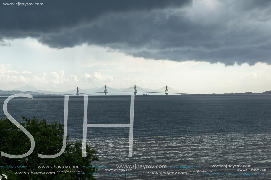 Panorama of The cable bridge between Rio and Antirrio from Nafpaktos, Patra, Western Greece