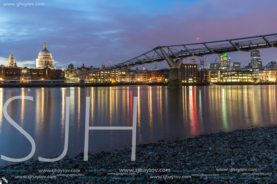 Amazing Night panorama of St. Paul"s Cathedral from Thames river, London, England, Great Britain