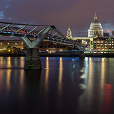 Night cityscape of St. Paul"s Cathedral from Thames river, London, England, Great Britain