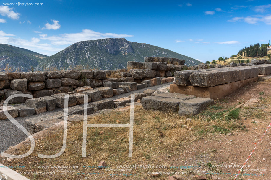 Panorama and Ruins of Ancient Greek archaeological site of Delphi,Central Greece