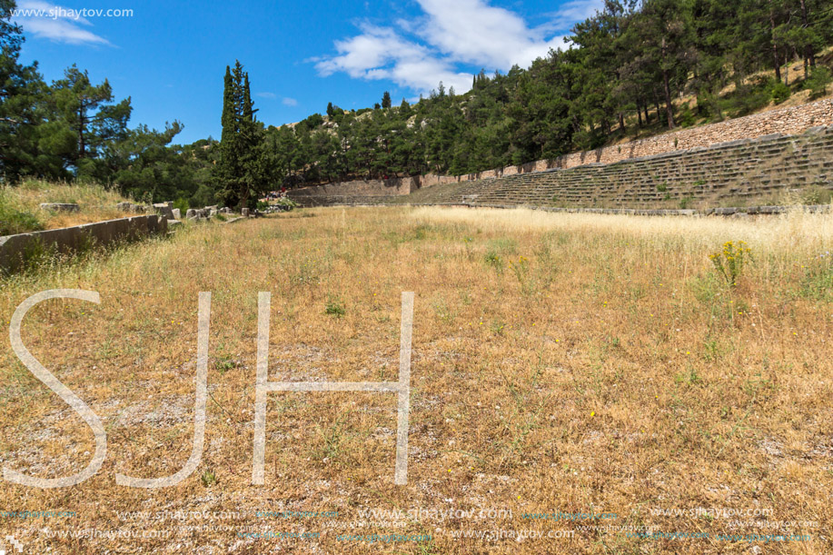 Columns in The Temple of Apollo and panorama Ancient Greek archaeological site of Delphi,Central Greece