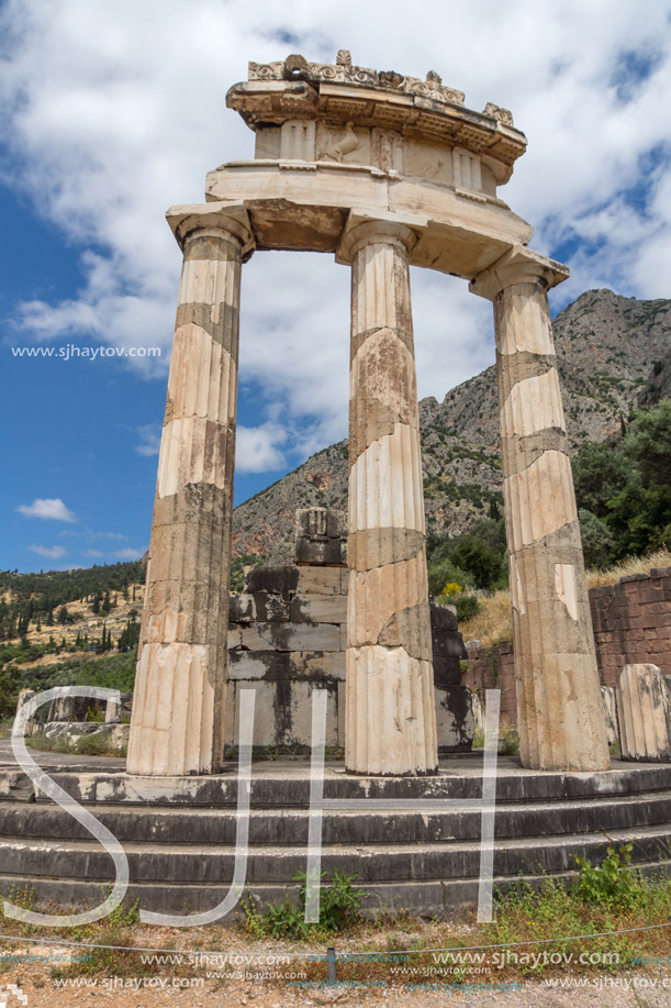 Frontal view Athena Pronaia Sanctuary at Ancient Greek archaeological site of Delphi, Central Greece