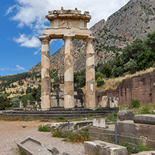 Ruins and Athena Pronaia Sanctuary at Ancient Greek archaeological site of Delphi, Central Greece