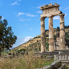 Panoramic view of Ruins and Athena Pronaia Sanctuary at Ancient Greek archaeological site of Delphi, Central Greece