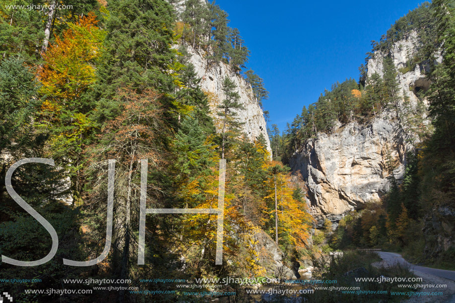 Panoramic Autumn view of Buynovsko gorge, Rhodope Mountains, Bulgaria