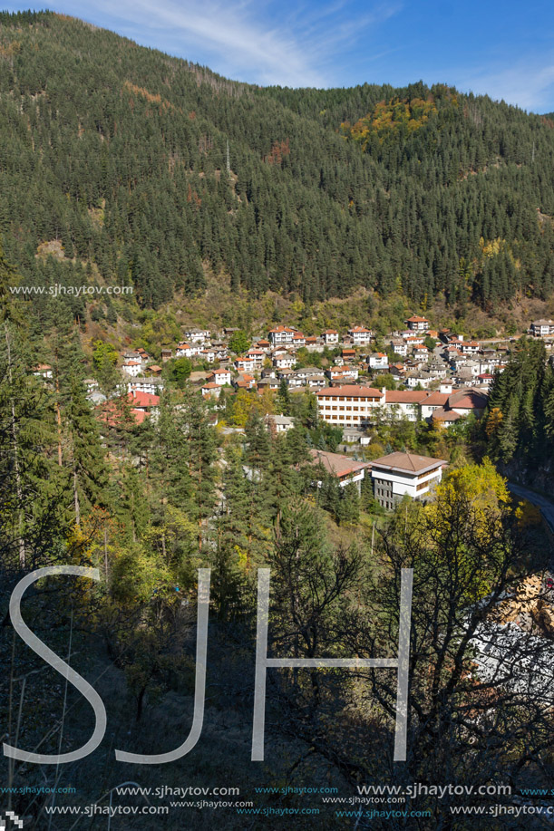 Panorama of town of Shiroka Laka and Rhodope Mountains, Smolyan Region, Bulgaria