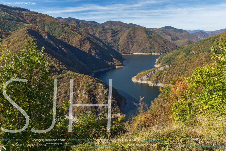 Autumn Panoramic view of Tsankov kamak Reservoir, Smolyan Region, Bulgaria