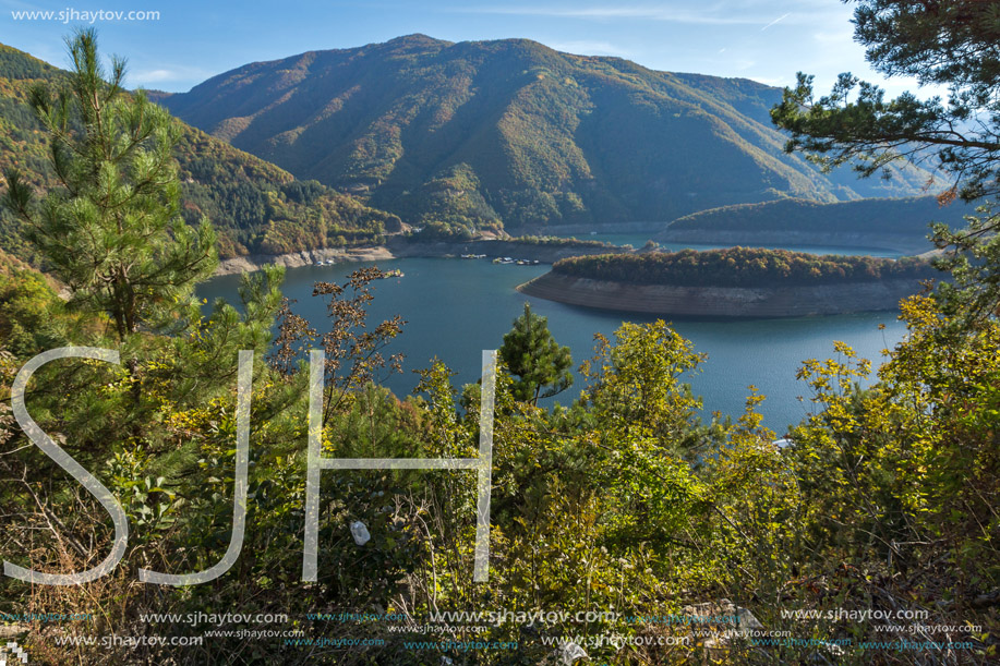 Autumn landscape of  Vacha (Antonivanovtsy) Reservoir, Rhodopes Mountain, Bulgaria