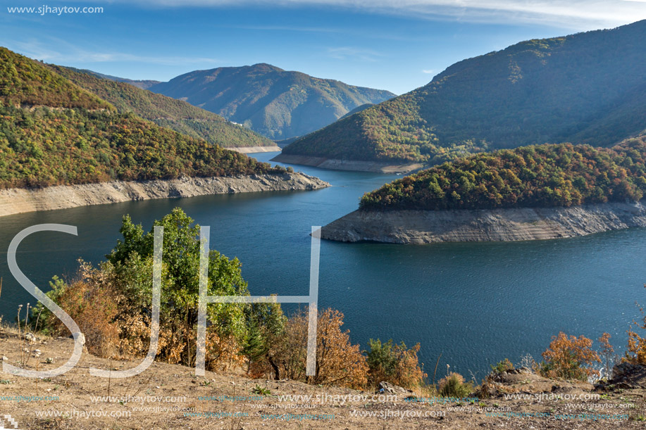 Autumn landscape of the Vacha (Antonivanovtsy) Reservoir, Rhodopes Mountain, Bulgaria