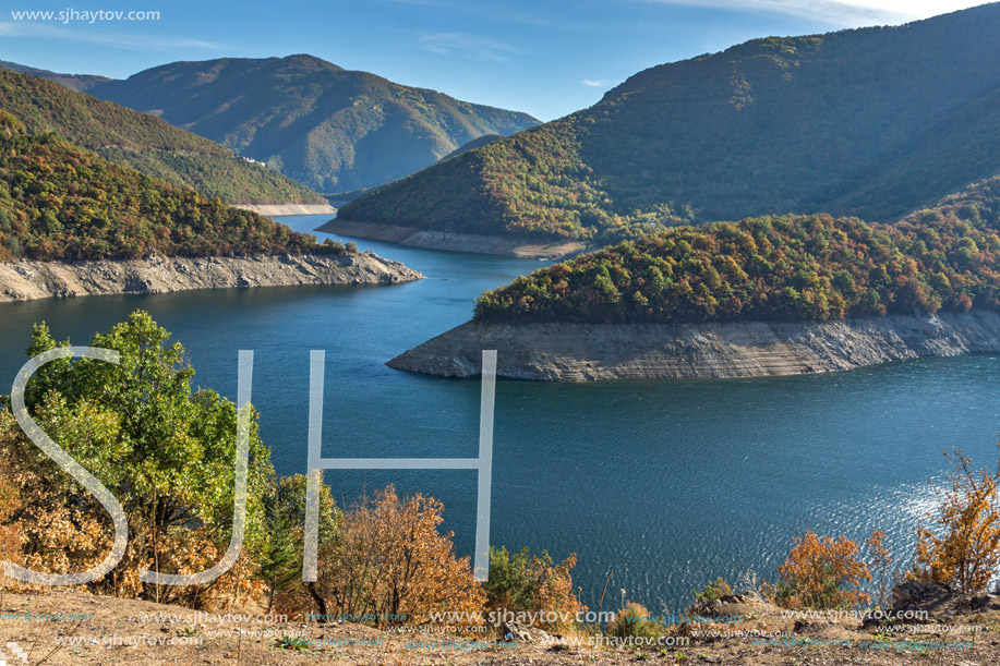 Autumn  view of Meander of Vacha (Antonivanovtsy) Reservoir, Rhodopes Mountain, Bulgaria