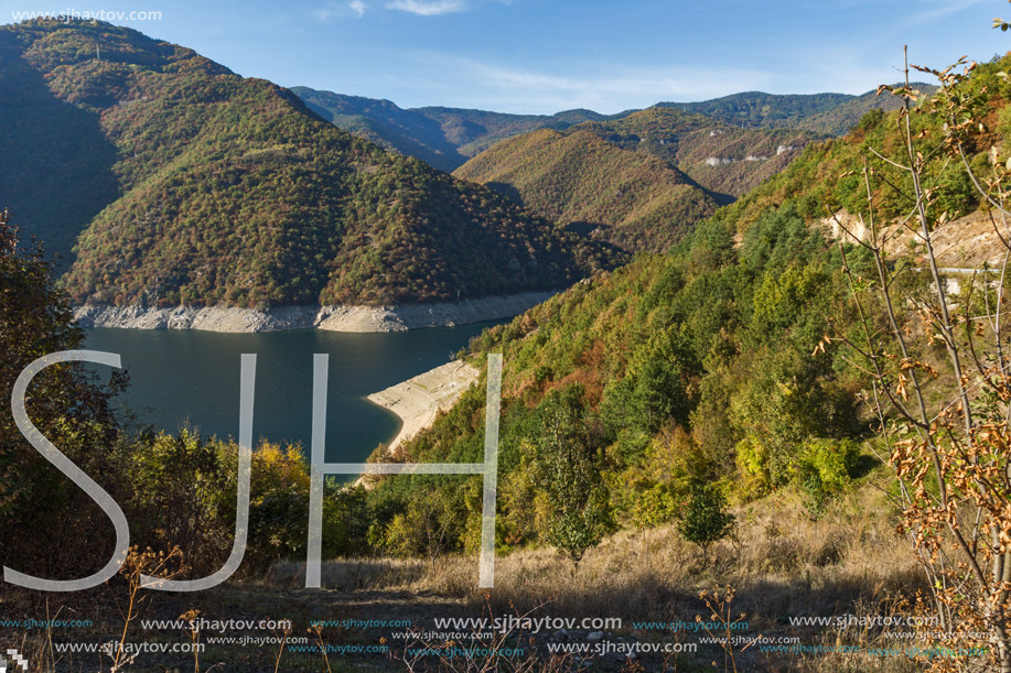 Autumn forest around Meander of Vacha (Antonivanovtsy) Reservoir, Rhodopes Mountain, Bulgaria