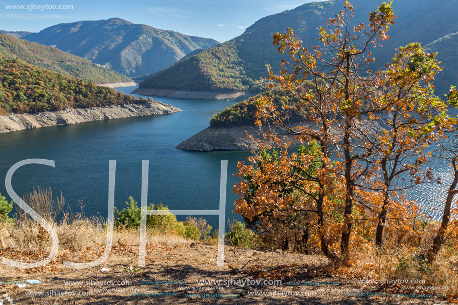 Autumn landscape of Meander of Vacha (Antonivanovtsy) Reservoir, Rhodopes Mountain, Bulgaria