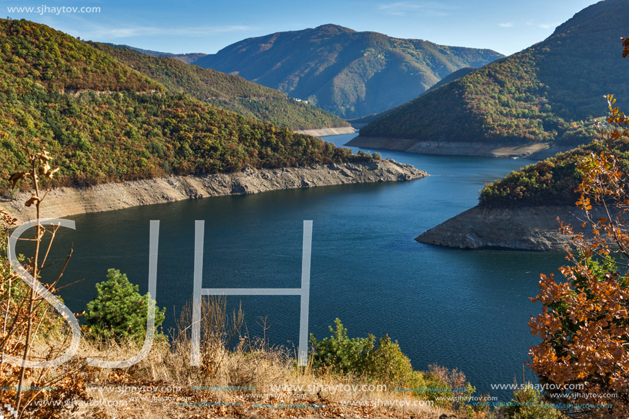 Autumn landscape of Meander of Vacha (Antonivanovtsy) Reservoir, Rhodopes Mountain, Bulgaria