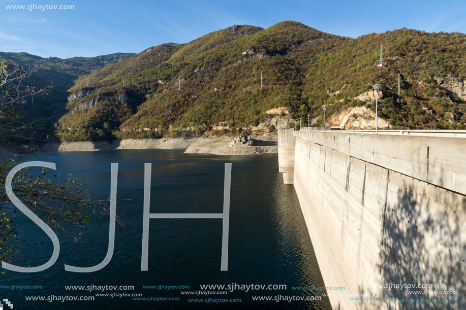 Autumn view of Dam of the Vacha (Antonivanovtsy) Reservoir, Rhodopes Mountain, Bulgaria