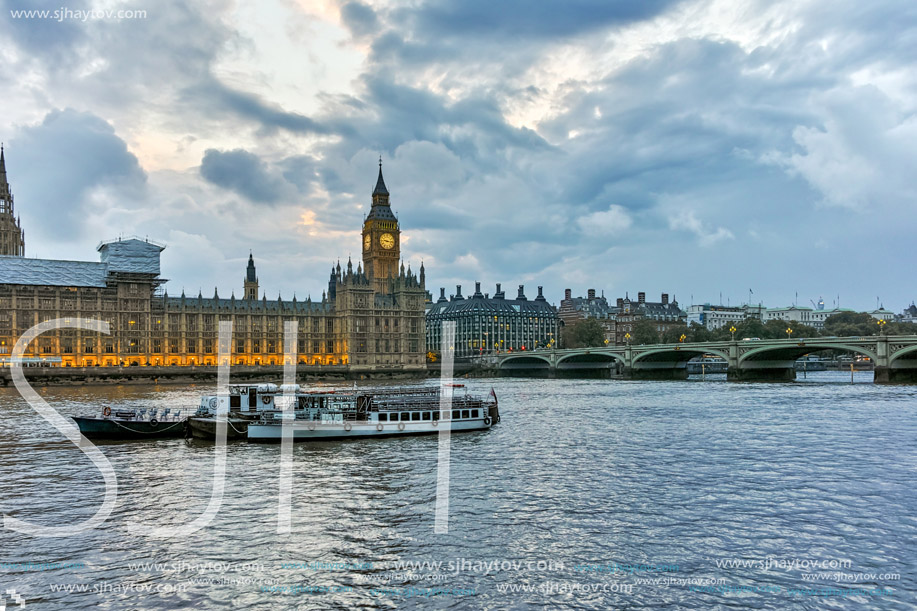 Amazing Sunset view of Houses of Parliament, Palace of Westminster,  London, England, Great Britain
