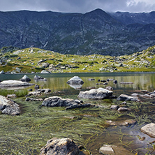 Landscape with Fog over The Kidney, The Twin and The Trefoil lakes, The Seven Rila Lakes, Bulgaria