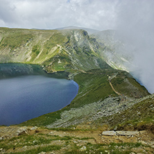 Amazing Landscape with Fog over The Eye and The Kidney lakes, The Seven Rila Lakes, Bulgaria