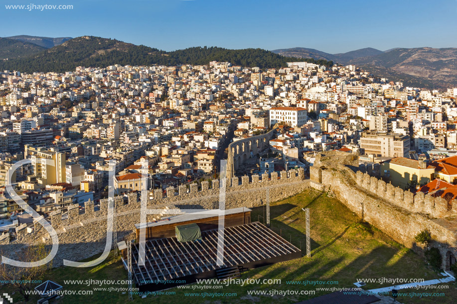 Amazing panorama from fortress to aqueduct in Kavala, East Macedonia and Thrace, Greece