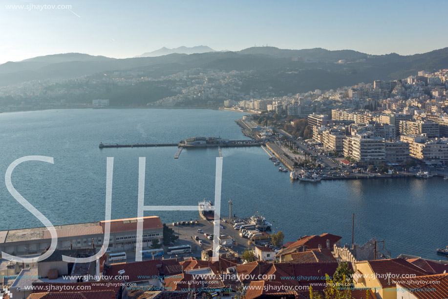 Panoramic view to port of Kavala, East Macedonia and Thrace, Greece