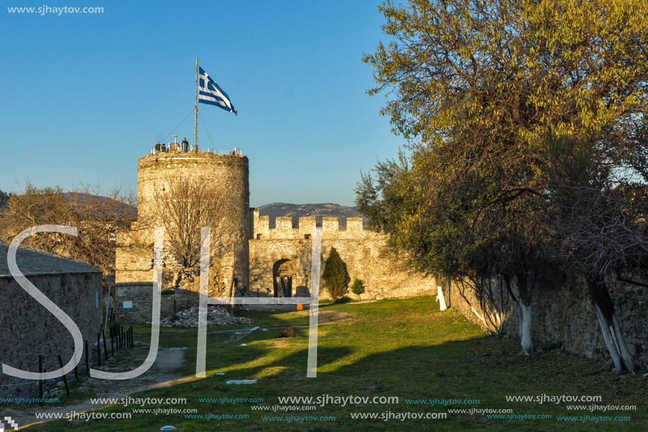 Sunset view of Tower of the Byzantine fortress in Kavala, East Macedonia and Thrace, Greece