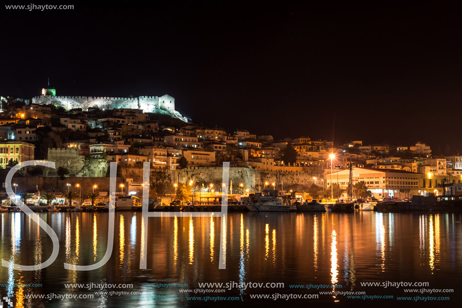 Night photo of Kavala and old town,  East Macedonia and Thrace, Greece