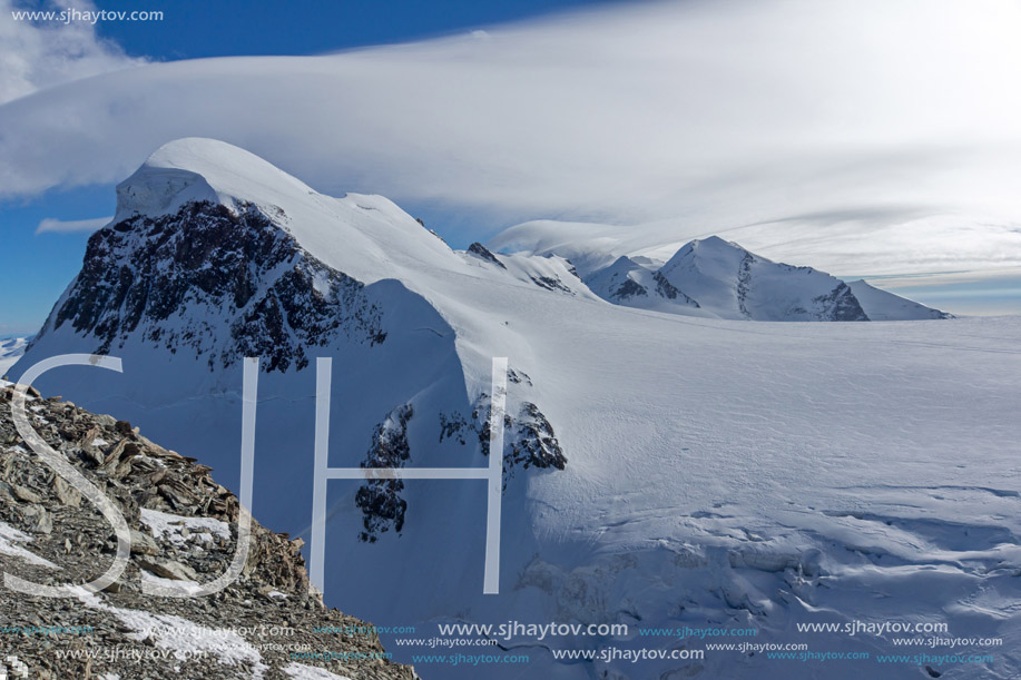 Winter Landscape of swiss Alps and mount Breithorn, Canton of Valais, Switzerland