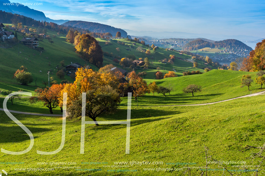 Amazing Autumn Landscape of typical Switzerland village near town of Interlaken, canton of Bern