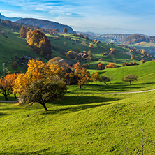 Amazing Autumn Landscape of typical Switzerland village near town of Interlaken, canton of Bern