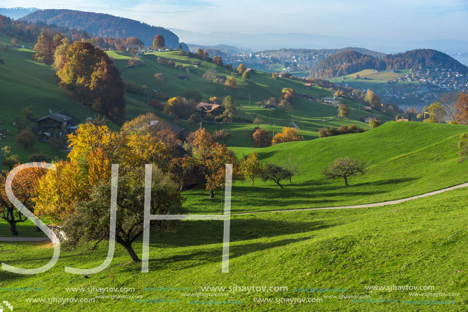 green meadows and typical Switzerland village near town of Interlaken, canton of Bern