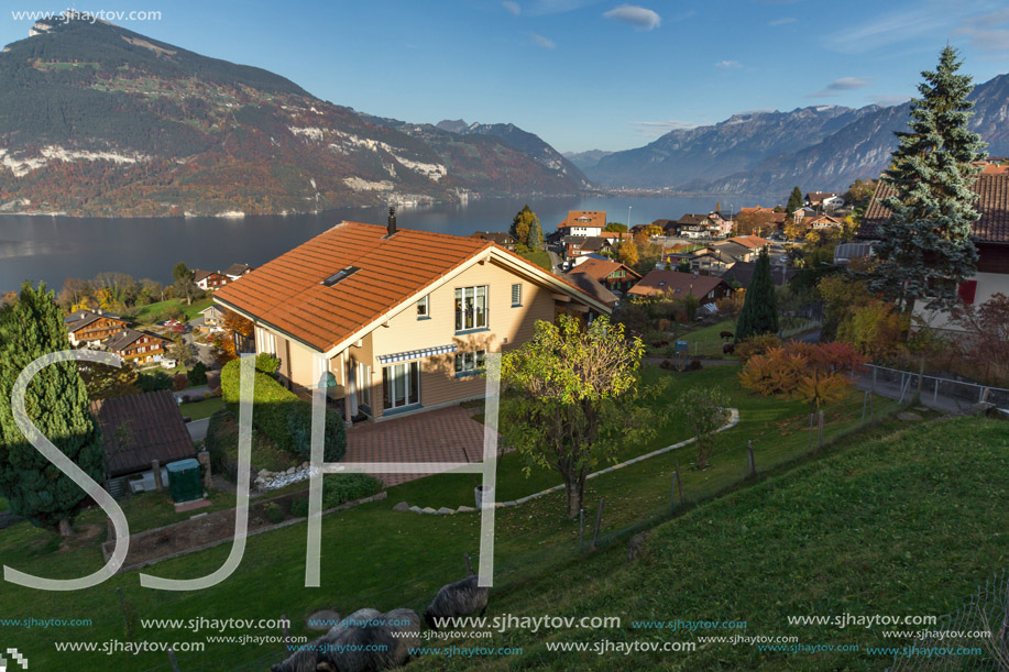 Lake Thun and typical Switzerland village near town of Interlaken, canton of Bern