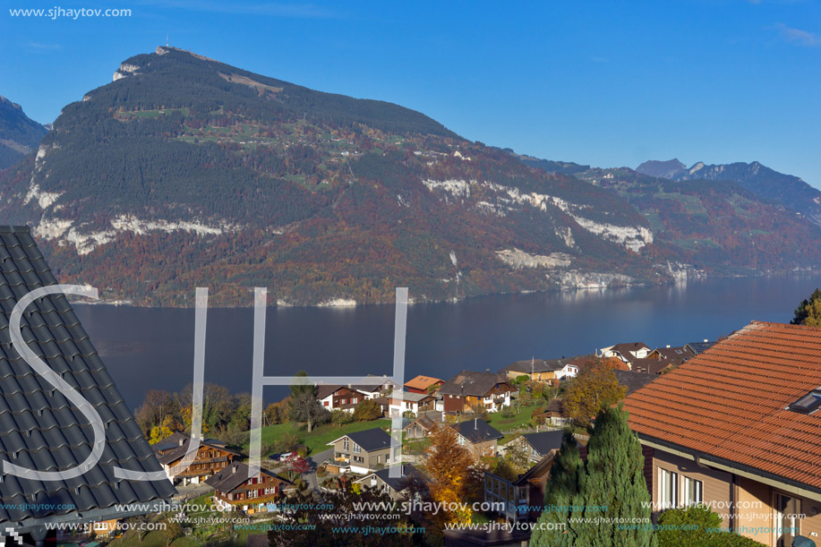 Lake Thun and typical Switzerland village near town of Interlaken, canton of Bern