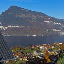 Lake Thun and typical Switzerland village near town of Interlaken, canton of Bern