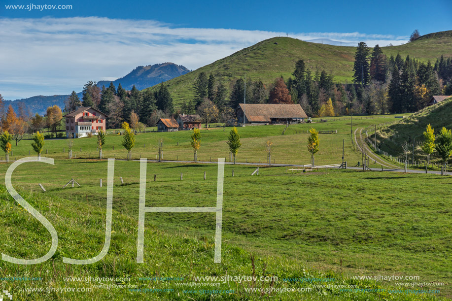 Amazing Autumn Landscape of typical Switzerland village near town of Interlaken, canton of Bern