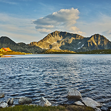 Sunset over Tevno Lake and Kamenitsa peak, Pirin mountain, Bulgaria