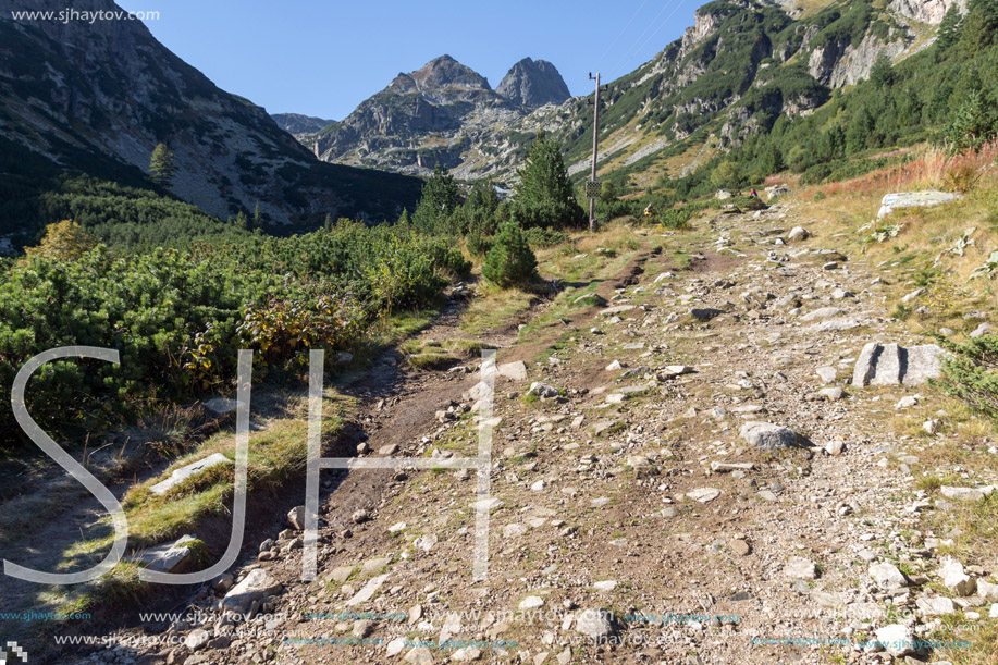 Panorama to Trail to climbing Malyovitsa peak, Rila Mountain, Bulgaria