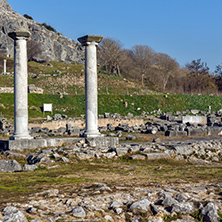 Panorama with Columns in the archeological area of ancient Philippi, Eastern Macedonia and Thrace, Greece