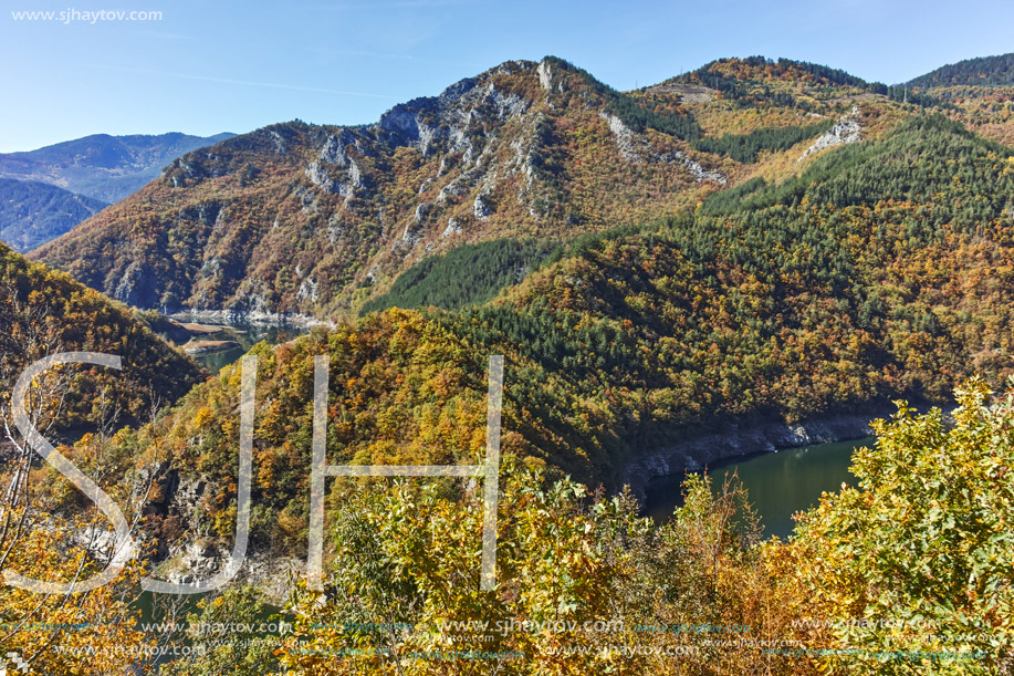 Autumn Panoramic view of Tsankov kamak Reservoir, Smolyan Region, Bulgaria