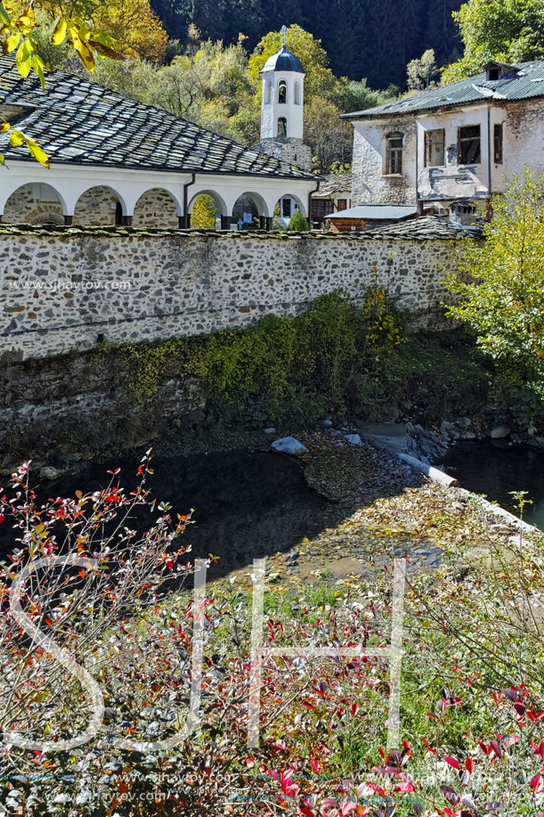 Amazing view of Church of the Assumption, river and Autumn tree in town of Shiroka Laka, Smolyan Region, Bulgaria