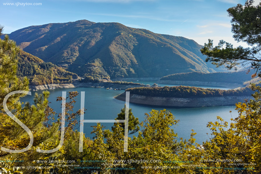 Autumn  view of Meander of Vacha (Antonivanovtsy) Reservoir, Rhodopes Mountain, Bulgaria