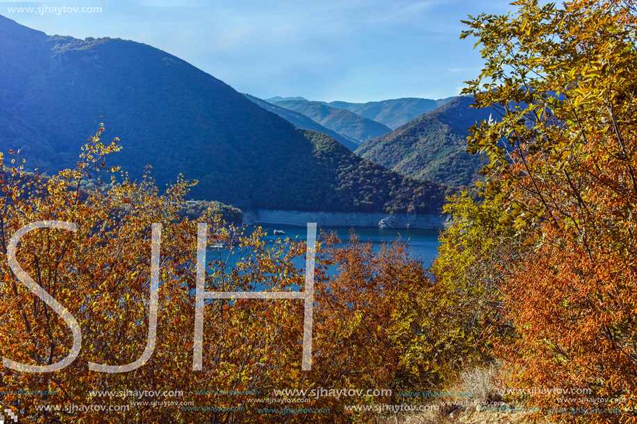 Autumn forest around Meander of Vacha (Antonivanovtsy) Reservoir, Rhodopes Mountain, Bulgaria