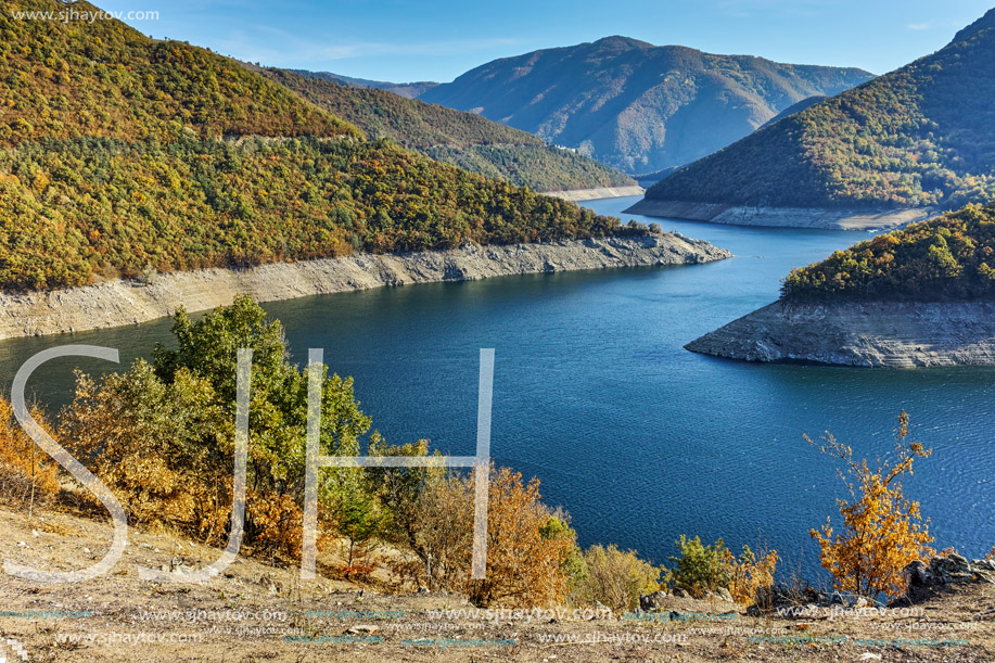 Autumn landscape of Meander of Vacha (Antonivanovtsy) Reservoir, Rhodopes Mountain, Bulgaria