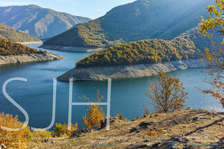 Autumn landscape of Meander of Vacha (Antonivanovtsy) Reservoir, Rhodopes Mountain, Bulgaria