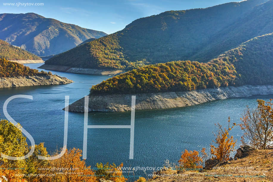 Autumn Panoramic view of Dam of the Vacha (Antonivanovtsy) Reservoir, Rhodopes Mountain, Bulgaria