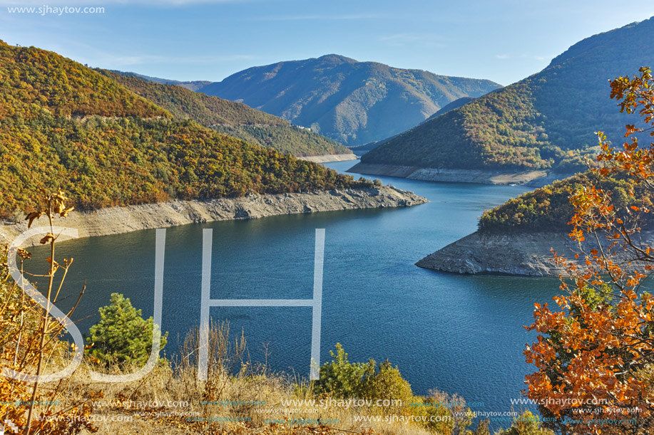 Autumn view of Dam of the Vacha (Antonivanovtsy) Reservoir, Rhodopes Mountain, Bulgaria