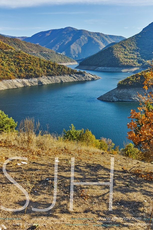 Autumn view of Dam of the Vacha (Antonivanovtsy) Reservoir, Rhodopes Mountain, Bulgaria